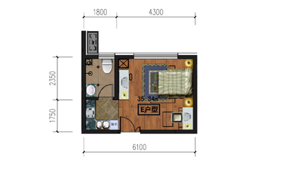 1#3#E户型，建面约35.34平米